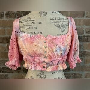 Urban outfitters rainbow crop top button up size large pink blue yellow